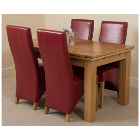 Richmond 140cm - 220cm Oak Extending Dining Table and 4 Chairs Dining Set with Lola Burgundy Leather Chairs