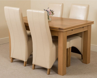 Richmond 140cm - 220cm Oak Extending Dining Table and 4 Chairs Dining Set with Lola Ivory Leather Chairs