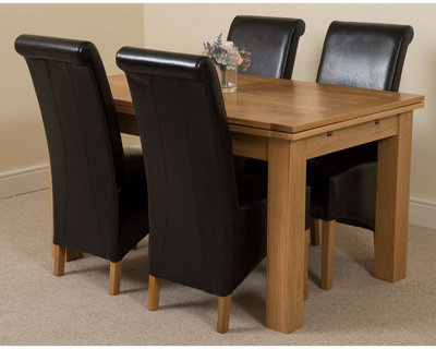 Richmond 140cm - 220cm Oak Extending Dining Table and 4 Chairs Dining Set with Montana Black Leather Chairs