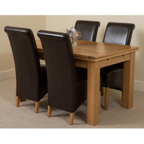 Richmond 140cm - 220cm Oak Extending Dining Table and 4 Chairs Dining Set with Montana Brown Leather Chairs