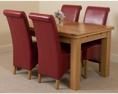 Richmond 140cm - 220cm Oak Extending Dining Table and 4 Chairs Dining Set with Montana Burgundy Leather Chairs
