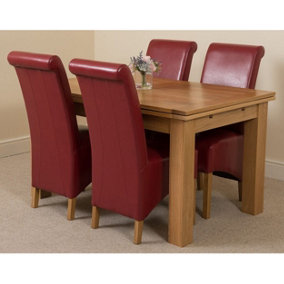 Richmond 140cm - 220cm Oak Extending Dining Table and 4 Chairs Dining Set with Montana Burgundy Leather Chairs