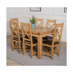 Richmond 140cm - 220cm Oak Extending Dining Table and 6 Chairs Dining Set with Berkeley Brown Leather Chairs