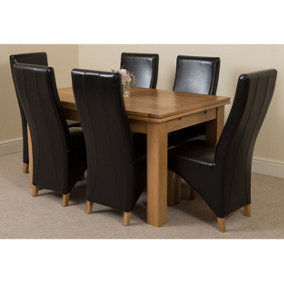Richmond 140cm - 220cm Oak Extending Dining Table and 6 Chairs Dining Set with Lola Black Leather Chairs
