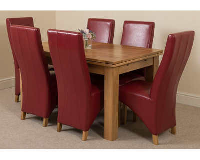 Richmond 140cm - 220cm Oak Extending Dining Table and 6 Chairs Dining Set with Lola Burgundy Leather Chairs