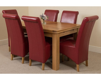 Richmond 140cm - 220cm Oak Extending Dining Table and 6 Chairs Dining Set with Montana Burgundy Leather Chairs