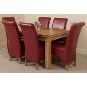 Richmond 140cm - 220cm Oak Extending Dining Table and 6 Chairs Dining Set with Montana Burgundy Leather Chairs