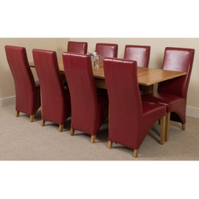 Richmond 140cm - 220cm Oak Extending Dining Table and 8 Chairs Dining Set with Lola Burgundy Leather Chairs