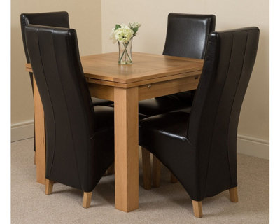 Richmond 90cm - 150cm Square Oak Extending Dining Table and 4 Chairs Dining Set with Lola Black Leather Chairs