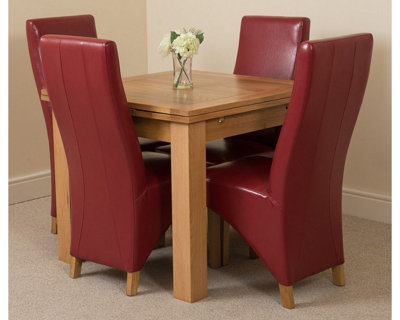 Richmond 90cm - 150cm Square Oak Extending Dining Table and 4 Chairs Dining Set with Lola Burgundy Leather Chairs