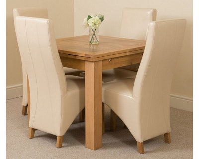 Richmond 90cm - 150cm Square Oak Extending Dining Table and 4 Chairs Dining Set with Lola Ivory Leather Chairs
