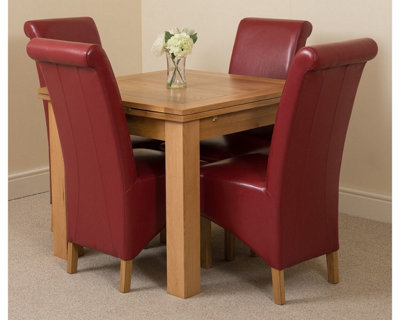 Richmond 90cm - 150cm Square Oak Extending Dining Table and 4 Chairs Dining Set with Montana Burgundy Leather Chairs