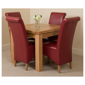 Richmond 90cm - 150cm Square Oak Extending Dining Table and 4 Chairs Dining Set with Montana Burgundy Leather Chairs