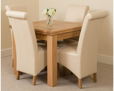 Richmond 90cm - 150cm Square Oak Extending Dining Table and 4 Chairs Dining Set with Montana Ivory Leather Chairs
