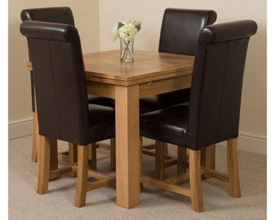 Richmond 90cm - 150cm Square Oak Extending Dining Table and 4 Chairs Dining Set with Washington Brown Leather Chairs