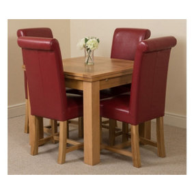 Richmond 90cm - 150cm Square Oak Extending Dining Table and 4 Chairs Dining Set with Washington Burgundy Leather Chairs