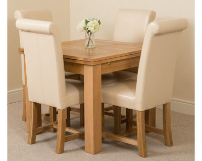 Richmond 90cm - 150cm Square Oak Extending Dining Table and 4 Chairs Dining Set with Washington Ivory Leather Chairs