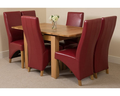 Richmond 90cm - 150cm Square Oak Extending Dining Table and 6 Chairs Dining Set with Lola Burgundy Leather Chairs