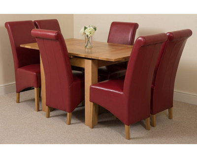 Richmond 90cm - 150cm Square Oak Extending Dining Table and 6 Chairs Dining Set with Montana Burgundy Leather Chairs