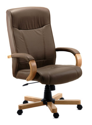 Richmond Executive Chair in Brown Bonded Leather, with Light Wood Finish and Seat Height Adjustment and Tilt