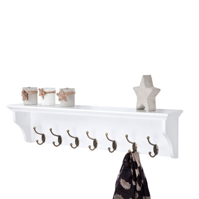 Richmond White Wooden Wall Mounted Coat Rack Hooks, Shelf