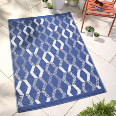 Rico Outdoor Vertical Zig Zags UV Resistant Blue Outdoor Rug