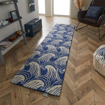 Ride The Wave Runner Rugs in 125608 Denim Blue Wool by Scion - 67x230cm