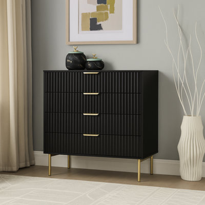 Ridged Chest of Drawers Large Set of 4 Drawers Black Bedroom Dresser
