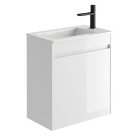 Rigel Gloss White Wall Hung Cloakroom Vanity Unit with Resin Basin (W)55cm (H)63cm