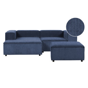 Right Hand 2 Seater Modular Jumbo Cord Corner Sofa with Ottoman Blue APRICA
