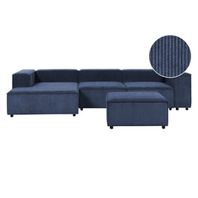 Right Hand 3 Seater Modular Jumbo Cord Corner Sofa with Ottoman Blue APRICA