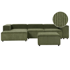 Right Hand 3 Seater Modular Jumbo Cord Corner Sofa with Ottoman Green APRICA