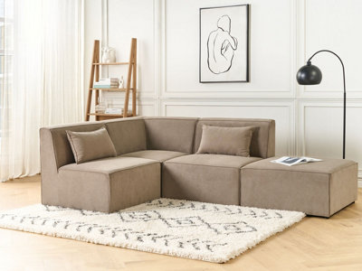 Right Hand 3 Seater Modular Jumbo Cord Corner Sofa with Ottoman Taupe ...