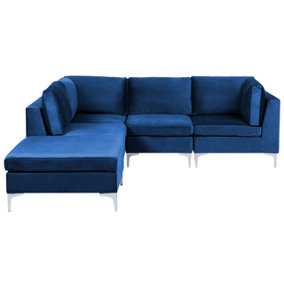 Right Hand 4 Seater Modular Velvet Corner Sofa with Ottoman Blue EVJA