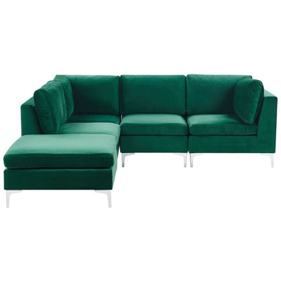 Right Hand 4 Seater Modular Velvet Corner Sofa with Ottoman Green EVJA