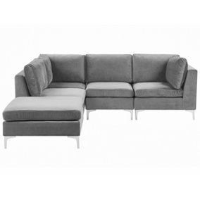 Right Hand 4 Seater Modular Velvet Corner Sofa with Ottoman Grey EVJA