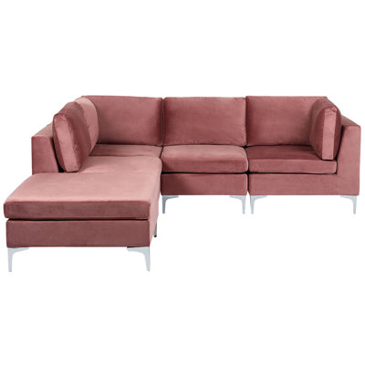 Right Hand 4 Seater Modular Velvet Corner Sofa with Ottoman Pink EVJA