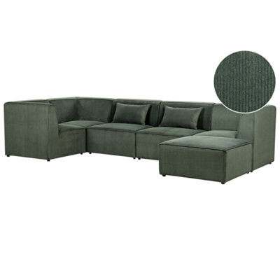 Right Hand 5 Seater Modular Jumbo Cord Corner Sofa with Ottoman Dark Green LEMVIG