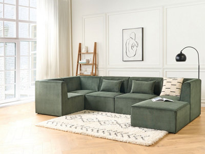 Right Hand 5 Seater Modular Jumbo Cord Corner Sofa with Ottoman Dark Green LEMVIG