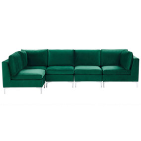 Right Hand 5 Seater Modular Velvet Corner Sofa Green EVJA