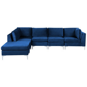Right Hand 5 Seater Modular Velvet Corner Sofa with Ottoman Blue EVJA