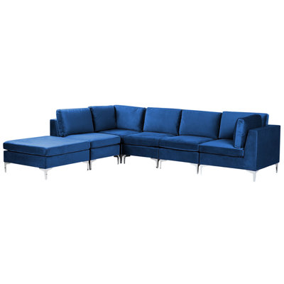 Right Hand 5 Seater Modular Velvet Corner Sofa with Ottoman Blue EVJA