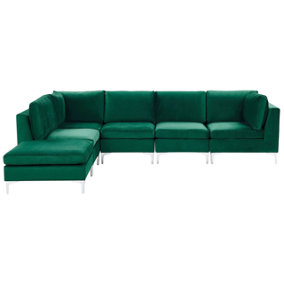 Right Hand 5 Seater Modular Velvet Corner Sofa with Ottoman Green EVJA