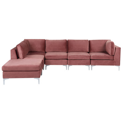 Right Hand 5 Seater Modular Velvet Corner Sofa with Ottoman Pink EVJA