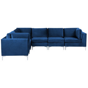 Right Hand 6 Seater Modular Velvet Corner Sofa Blue EVJA