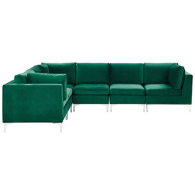Right Hand 6 Seater Modular Velvet Corner Sofa Green EVJA