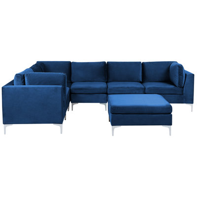 Right Hand 6 Seater Modular Velvet Corner Sofa with Ottoman Blue EVJA ...