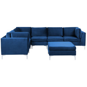 Right Hand 6 Seater Modular Velvet Corner Sofa with Ottoman Blue EVJA