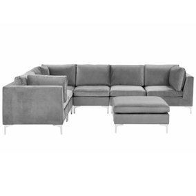 Right Hand 6 Seater Modular Velvet Corner Sofa with Ottoman Grey EVJA