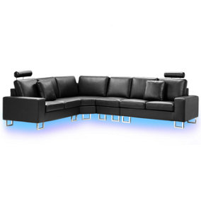 Right Hand Corner Leather Sofa LED Black STOCKHOLM